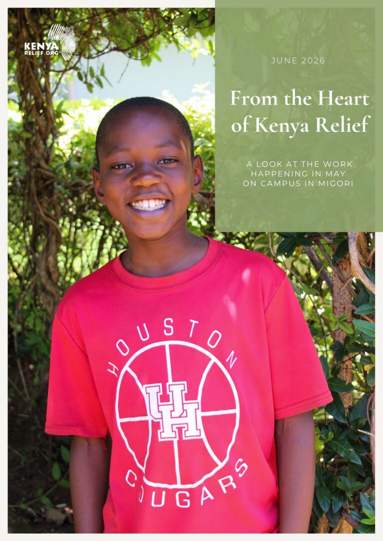 Smiling student from BHOG stands outdoors on the Kenya Relief campus in Migori, Kenya, wearing a red Houston Cougars T-shirt. The June 2026 From the Heart of Kenya Relief newsletter cover highlights stories and updates from May on campus.