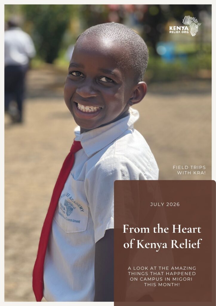 Smiling Kenya Relief Academy student in school uniform featured on the cover of the July 2026 From the Heart of Kenya Relief newsletter.