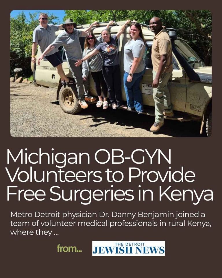 A Kenya Relief volunteer medical team stands beside a safari vehicle in Migori, Kenya, featured in a Detroit Jewish News article about volunteer OB-GYN surgeons providing free surgical care.